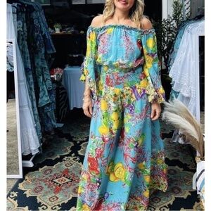 ANTICA SARTORIA 2024 LEMON & CORAL AQUA Pant Top Set Beautiful NWT O/S